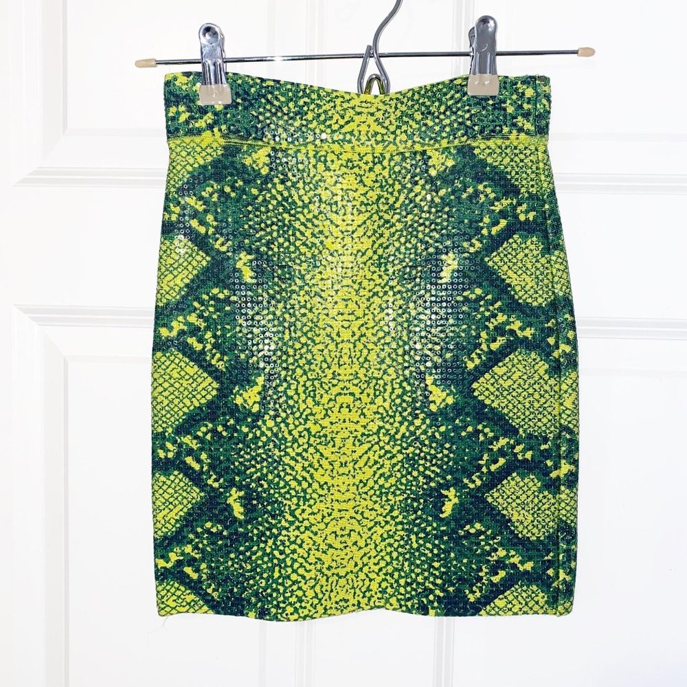BCBGMaxAzria Bright Lime Simone Snake Print Skirt